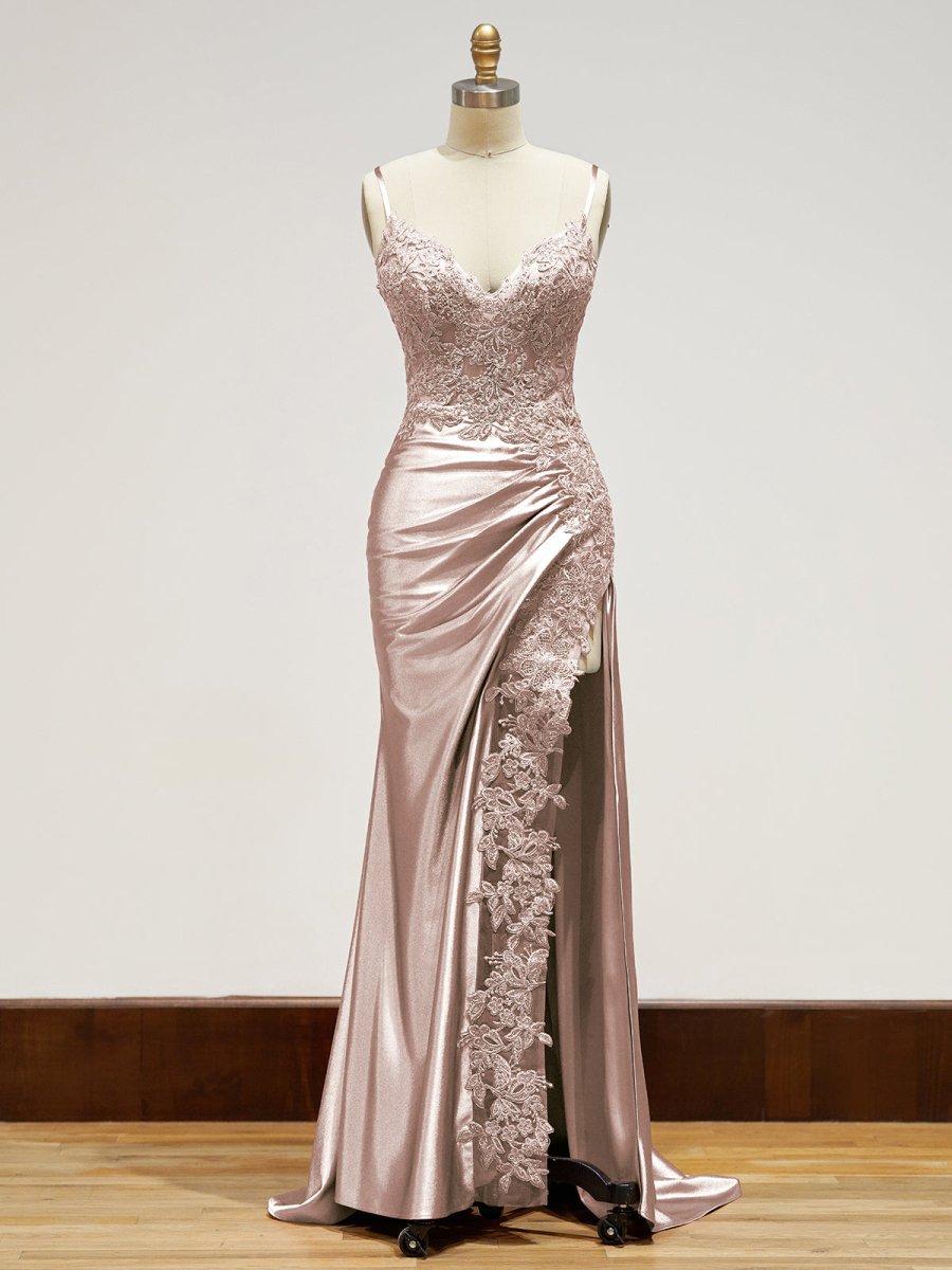 Spaghetti Straps Lace Bodice Long Prom Dress with Slit