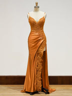 Spaghetti Straps Lace Bodice Long Prom Dress with Slit