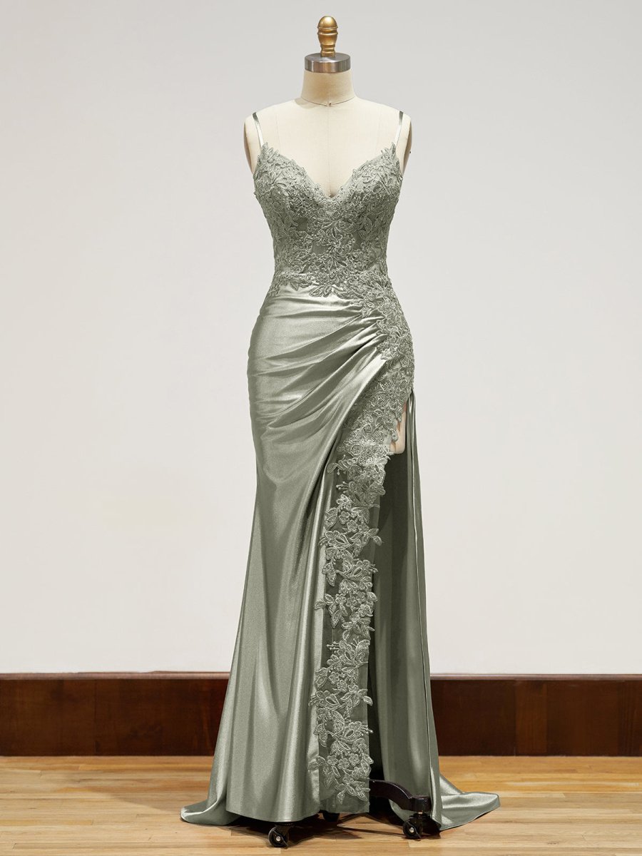 Spaghetti Straps Lace Bodice Long Prom Dress with Slit