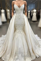 Spaghetti Straps Lace Fit and Flare Wedding Dress Overskirt Appliques Detachable Satin Backless Bridal Gowns