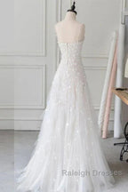 Spaghetti Straps Lace Tulle Floor Length Beads Prom Dress Wedding Dress With Flowers