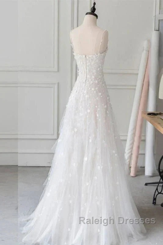 Spaghetti Straps Lace Tulle Floor Length Beads Prom Dress Wedding Dress With Flowers