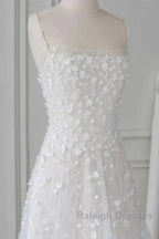 Spaghetti Straps Lace Tulle Floor Length Beads Prom Dress Wedding Dress With Flowers
