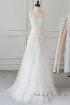 Spaghetti Straps Lace Tulle Floor Length Beads Prom Dresses Wedding Dresses With Flowers