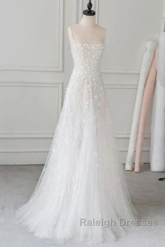 Spaghetti Straps Lace Tulle Floor Length Beads Prom Dresses Wedding Dresses With Flowers