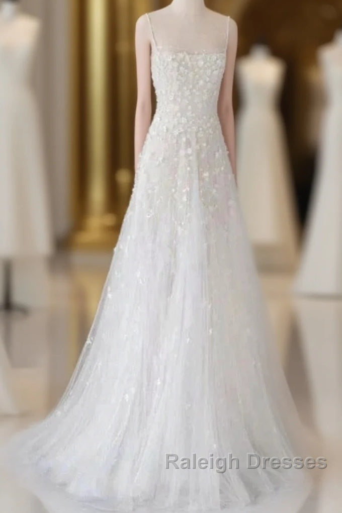Spaghetti Straps Lace Tulle Floor Length Beads Prom Dresses Wedding Dresses With Flowers Main image