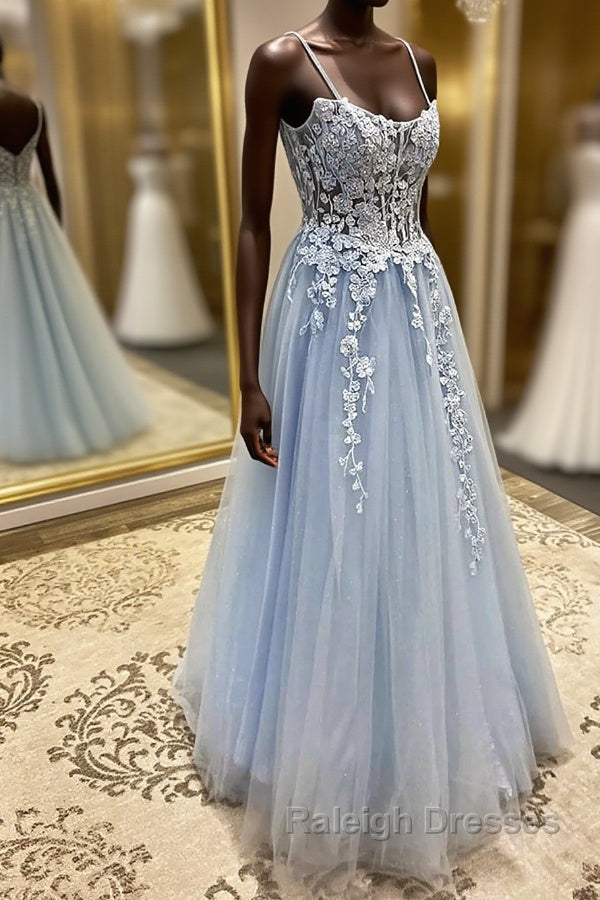 Spaghetti Straps Light Blue Lace Prom Dresses, Light Blue Lace Formal Evening Dresses Main image