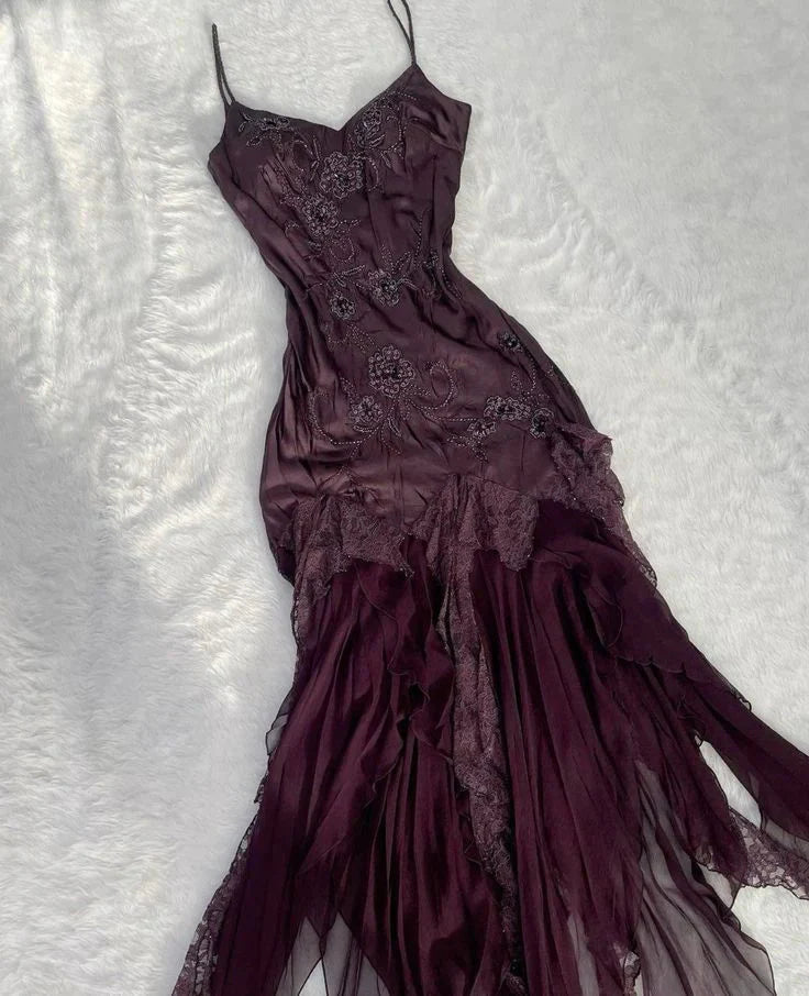 Dark Purple Fashion Exquisite Beaded Spaghetti Straps Long Satin Evening Gown Prom Dress Party Dress Secondary image