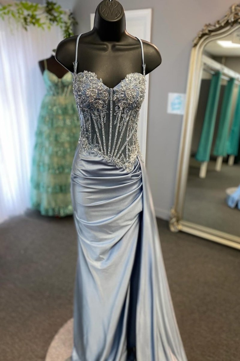 Spaghetti Straps Mermaid Appliqued Prom Dress With Split