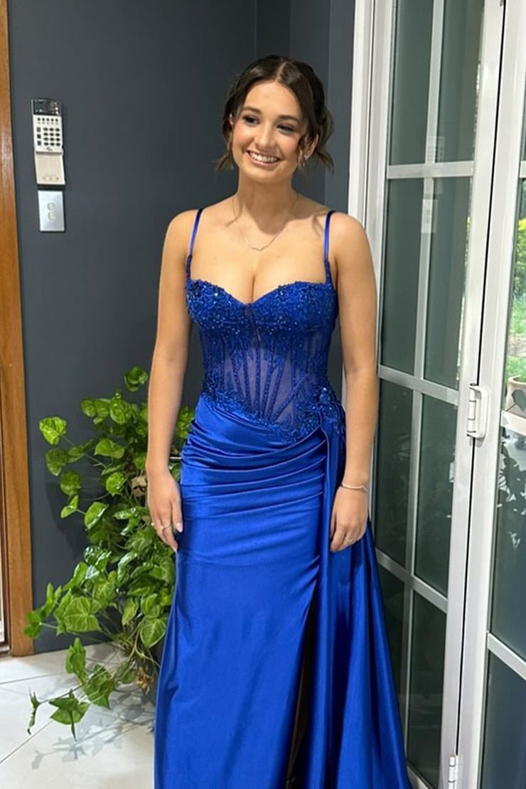 Spaghetti Straps Mermaid Appliqued Prom Dress With Split