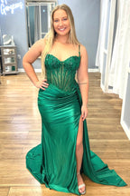 Spaghetti Straps Mermaid Appliqued Prom Dress With Split