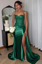 Spaghetti Straps Mermaid Appliqued Prom Dress With Split
