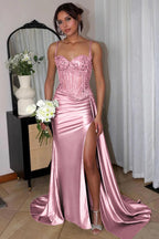 Spaghetti Straps Mermaid Appliqued Prom Dress With Split