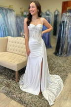 Spaghetti Straps Mermaid Appliqued Prom Dress With Split