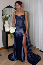 Spaghetti Straps Mermaid Appliqued Prom Dress With Split