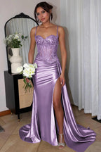 Spaghetti Straps Mermaid Appliqued Prom Dress With Split