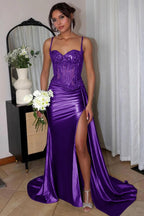 Spaghetti Straps Mermaid Appliqued Prom Dress With Split