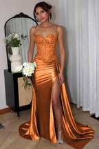 Spaghetti Straps Mermaid Appliqued Prom Dress With Split
