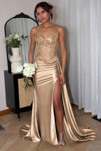 Spaghetti Straps Mermaid Appliqued Prom Dress With Split