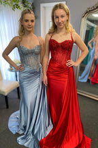 Spaghetti Straps Mermaid Appliqued Prom Dress With Split