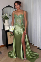 Spaghetti Straps Mermaid Appliqued Prom Dress With Split