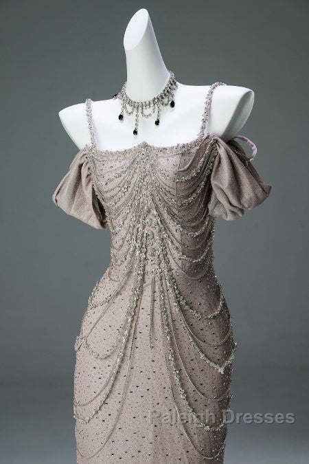 Spaghetti Straps Mermaid Beading Satin Long Prom Dress Rhinestone Formal Evening Dress Secondary image