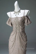 Spaghetti Straps Mermaid Beading Satin Long Prom Dress Rhinestone Formal Evening Dress