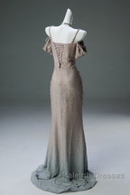 Spaghetti Straps Mermaid Beading Satin Long Prom Dress Rhinestone Formal Evening Dress