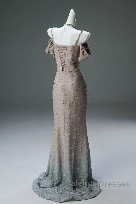 Spaghetti Straps Mermaid Beading Satin Long Prom Dress Rhinestone Formal Evening Dress