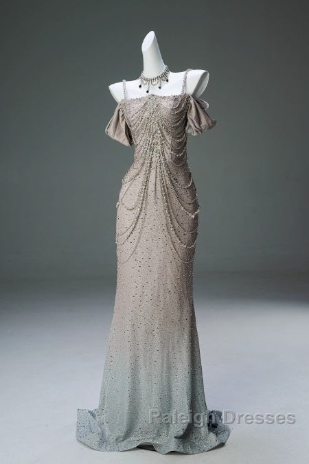 Spaghetti Straps Mermaid Beading Satin Long Prom Dress Rhinestone Formal Evening Dress