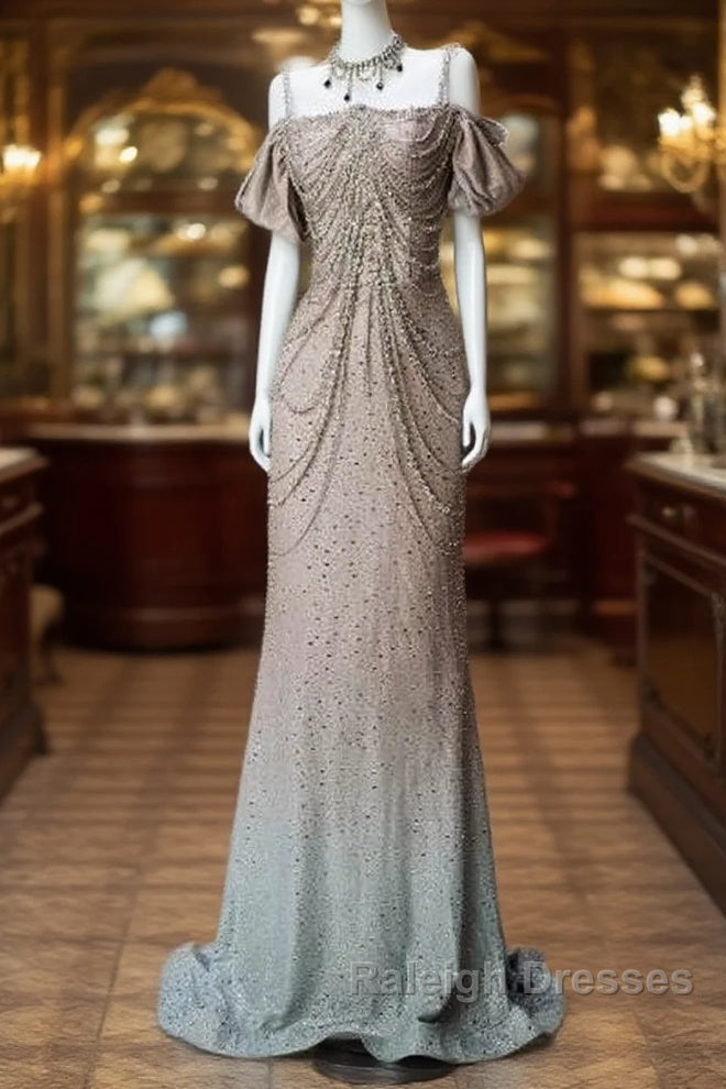 Spaghetti Straps Mermaid Beading Satin Long Prom Dress Rhinestone Formal Evening Dress Main image