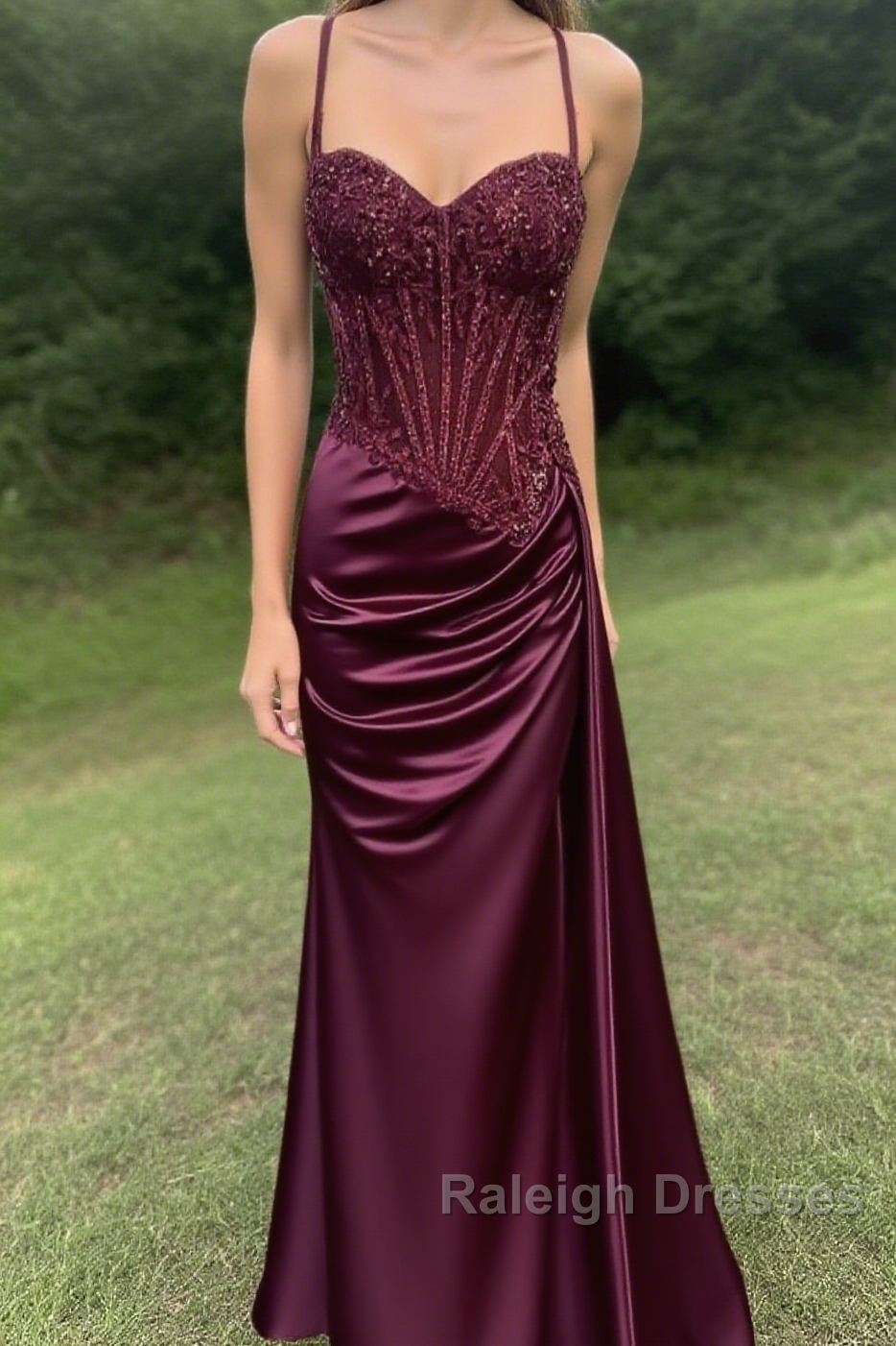 Spaghetti Straps Mermaid Prom Dress Appliqued Corset Prom Dresses With Split Secondary image