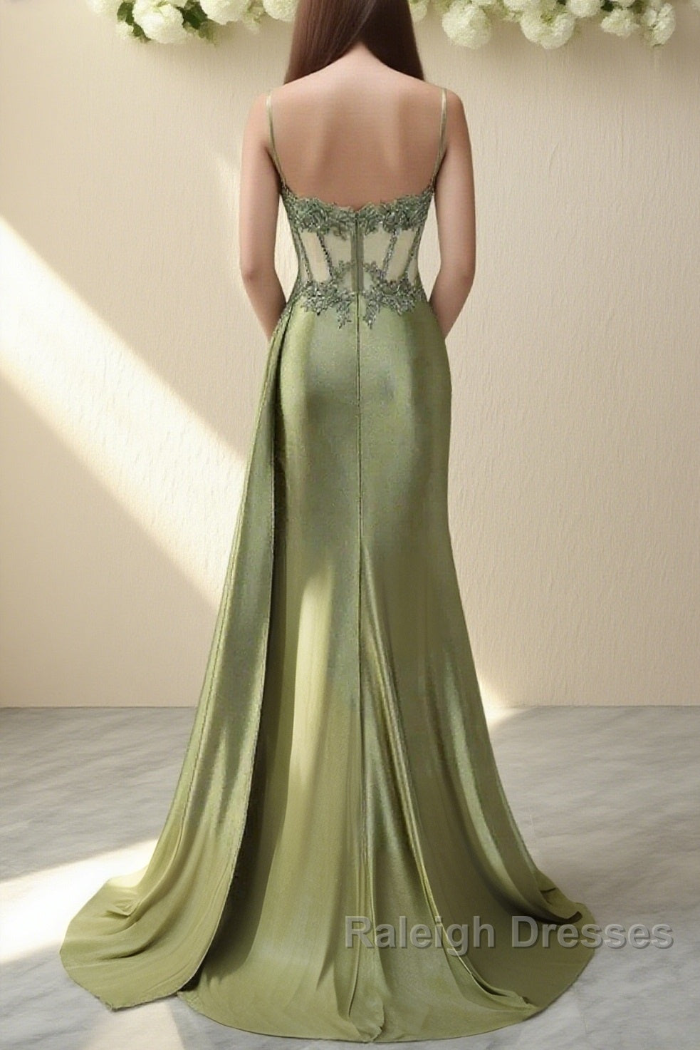 Spaghetti Straps Mermaid Prom Dress Appliqued Corset Prom Dresses With Split