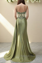 Spaghetti Straps Mermaid Prom Dresses Appliqued Corset Prom Dress With Split