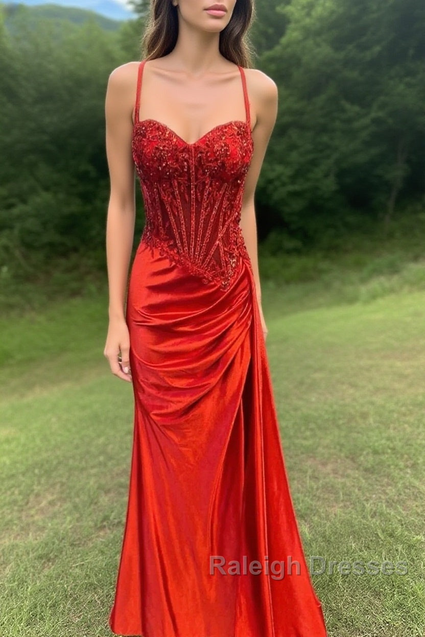Spaghetti Straps Mermaid Prom Dresses Appliqued Corset Prom Dress With Split