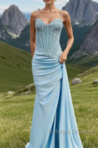 Spaghetti Straps Mermaid Prom Dresses Appliqued Corset Prom Dress With Split