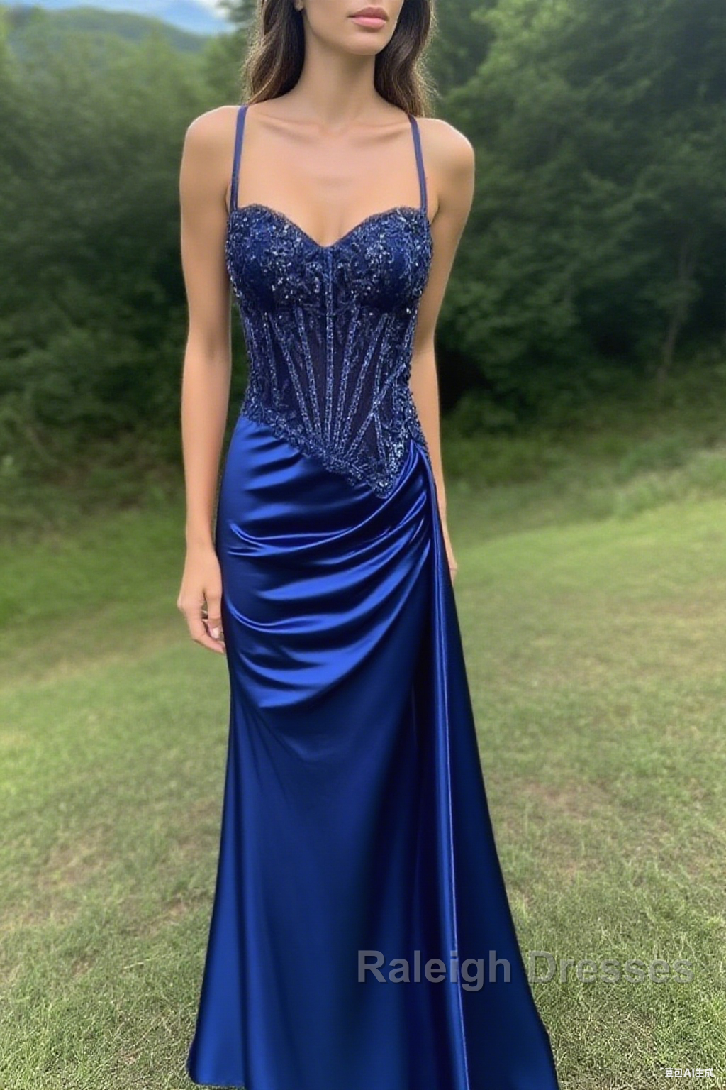 Spaghetti Straps Mermaid Prom Dress Appliqued Corset Prom Dresses With Split