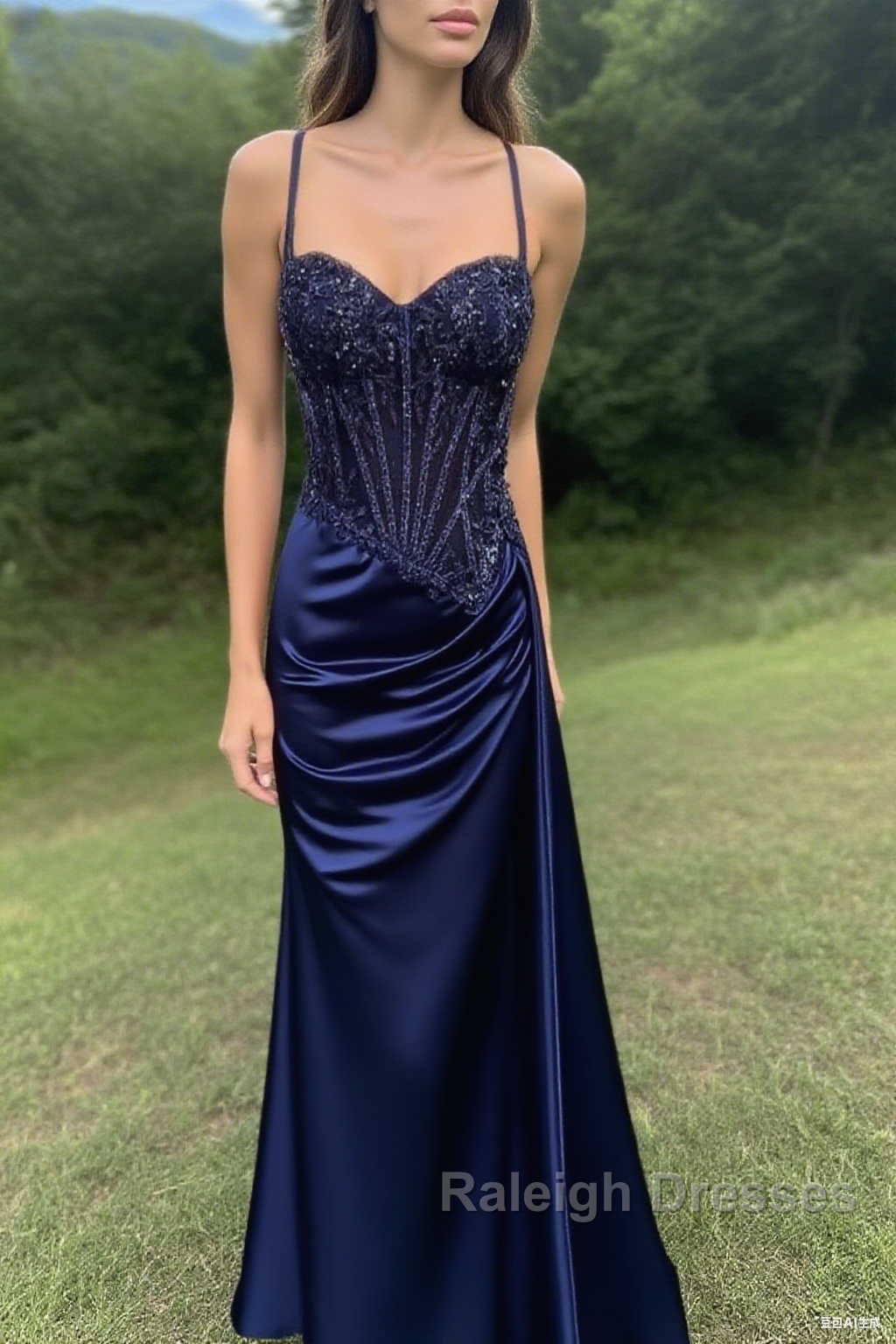 Spaghetti Straps Mermaid Prom Dress Appliqued Corset Prom Dresses With Split