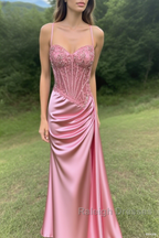 Spaghetti Straps Mermaid Prom Dress Appliqued Corset Prom Dresses With Split