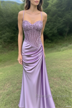 Spaghetti Straps Mermaid Prom Dresses Appliqued Corset Prom Dress With Split