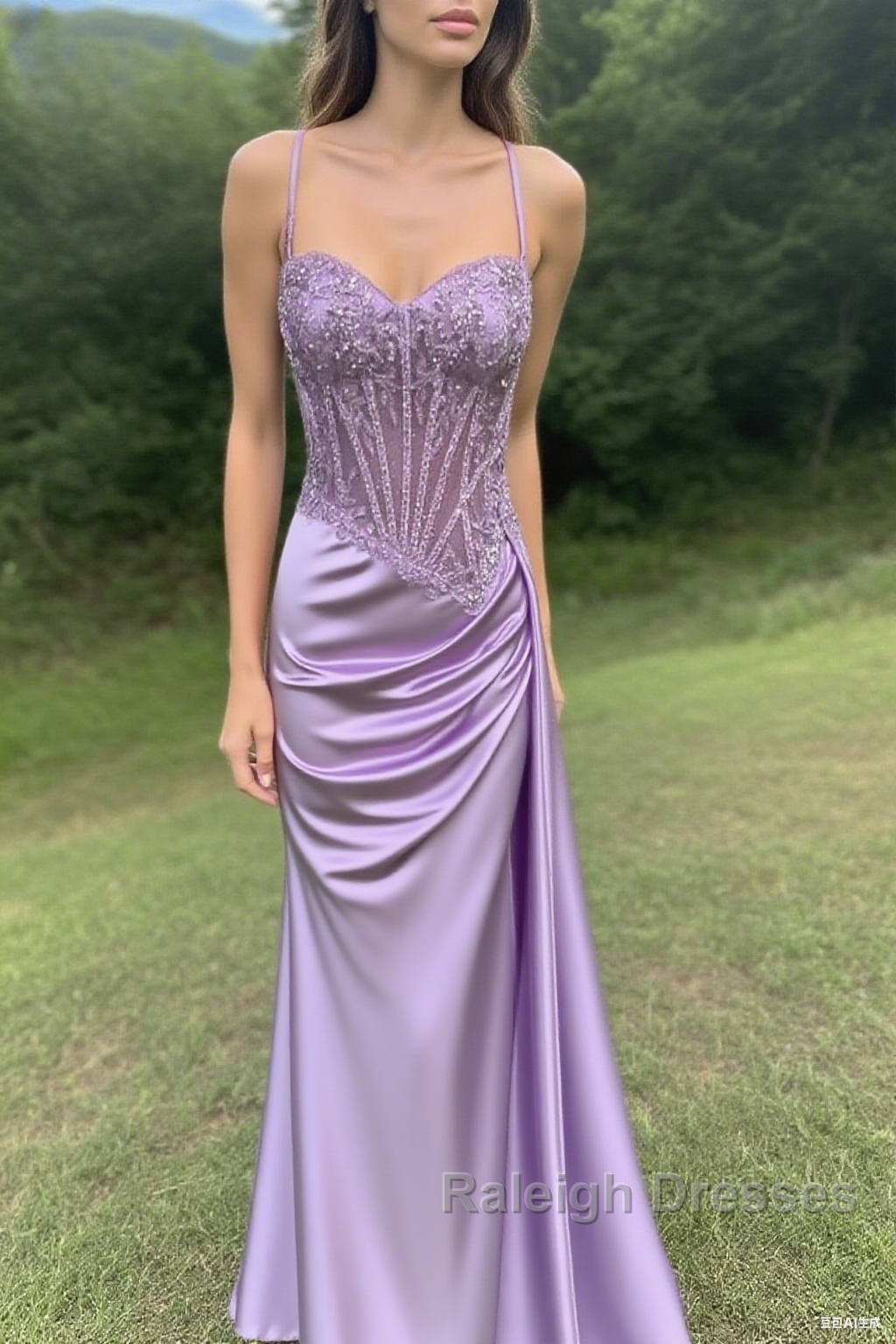 Spaghetti Straps Mermaid Prom Dresses Appliqued Corset Prom Dress With Split