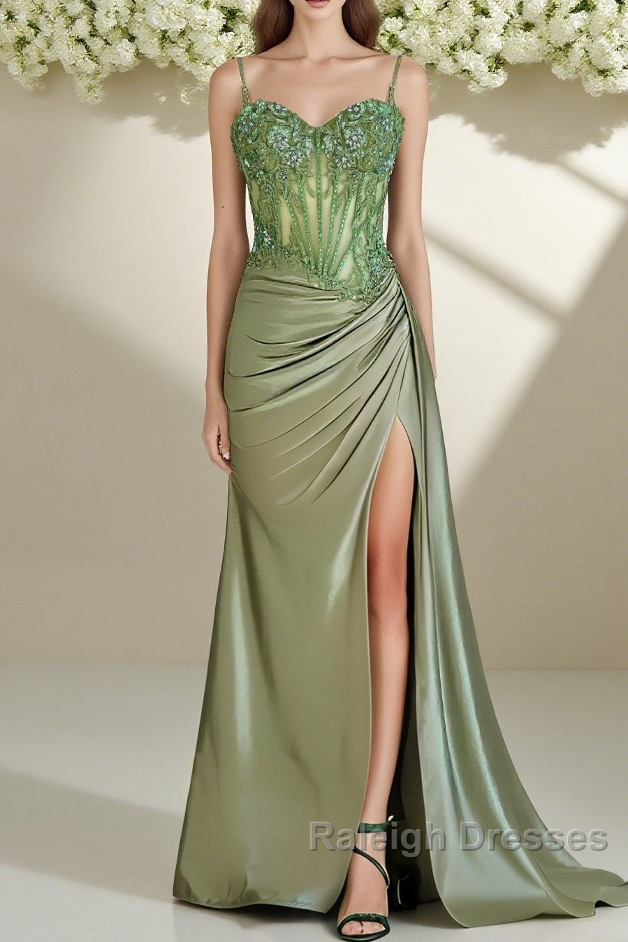 Spaghetti Straps Mermaid Prom Dresses Appliqued Corset Prom Dress With Split Main image