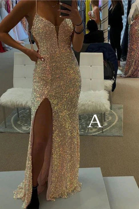 Spaghetti Straps Mermaid Prom Dresses Sparkly Sequins Slit Long Prom Gowns