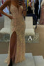 Spaghetti Straps Mermaid Prom Dresses Sparkly Sequins Slit Long Prom Gowns