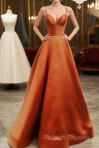 Spaghetti Straps Prom Dresses Long Satin V Neck