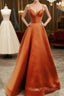 Spaghetti Straps Prom Dresses Long Satin V Neck