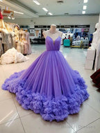 Spaghetti Straps Purple Wedding Dress Tulle Bodice With Handmade Flowers