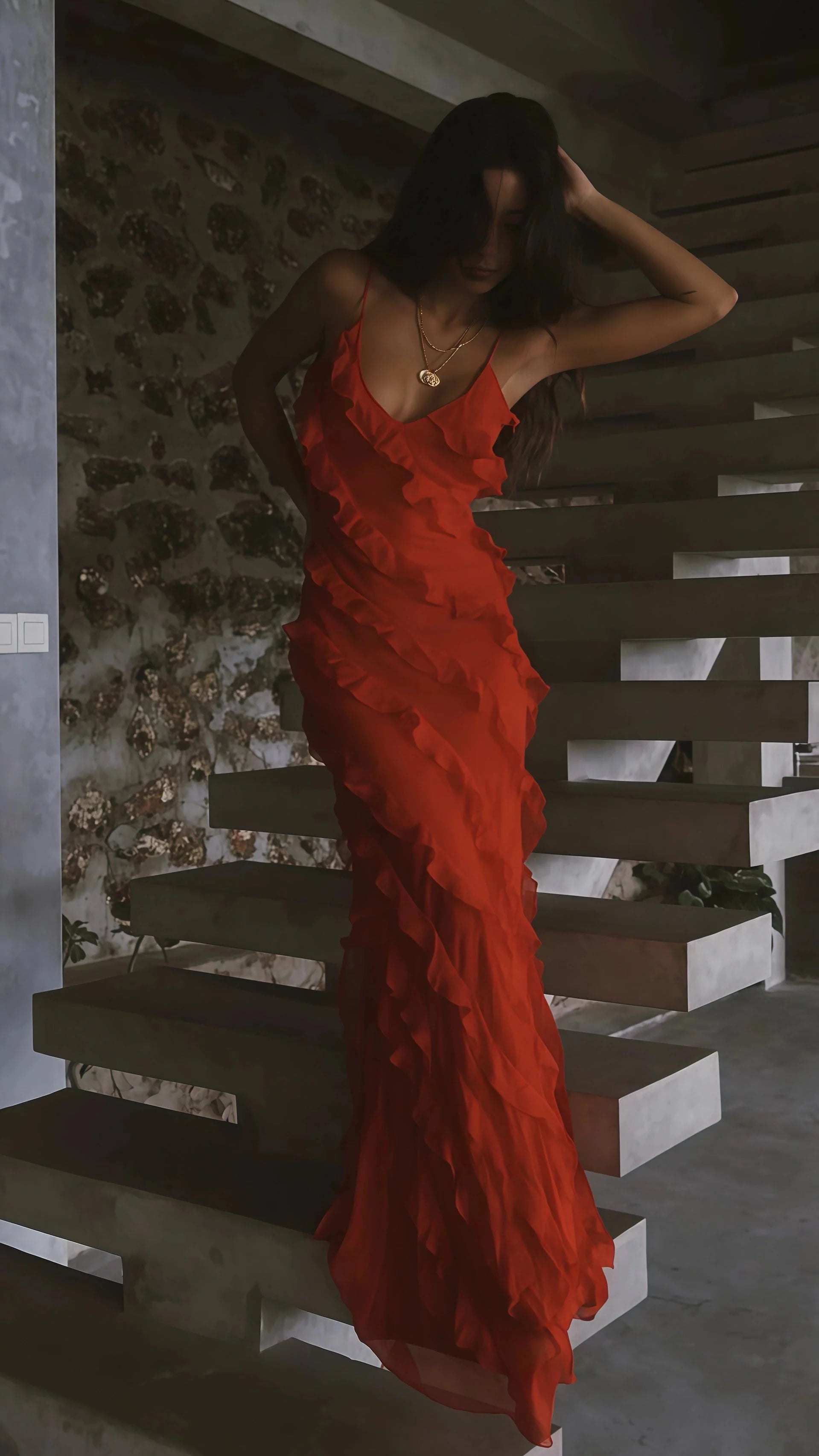 Spaghetti Straps Red Long Prom Dresses,Ruffles Sheath Evening Formal Gown Main image