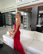 Spaghetti Straps Red Sheath Prom Dress Long With Slit