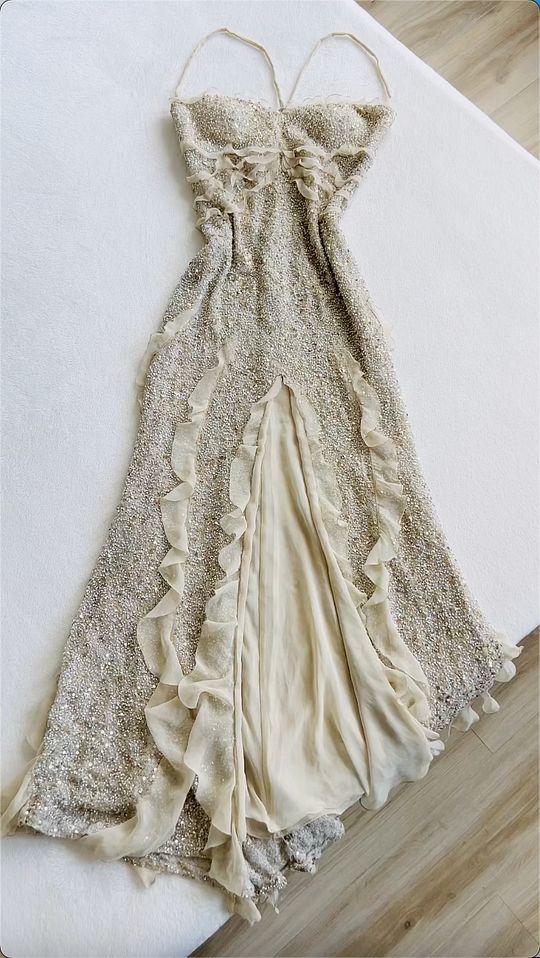 Spaghetti Straps Sequin Long Prom Dress With Slit